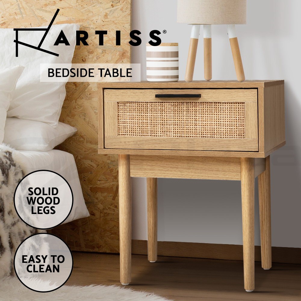 Artiss Rattan Bedside Table Storage Cabinet Brown Modern Flat Particle Board