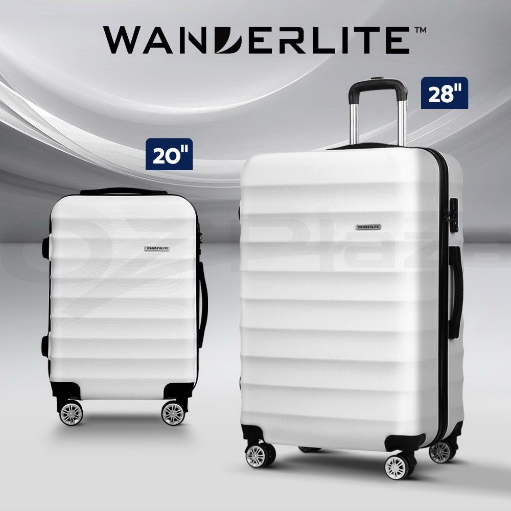 Wanderlite 2pcs Luggage Trolley Set TSA Hard Shell White 20 28 Lightweight ABS