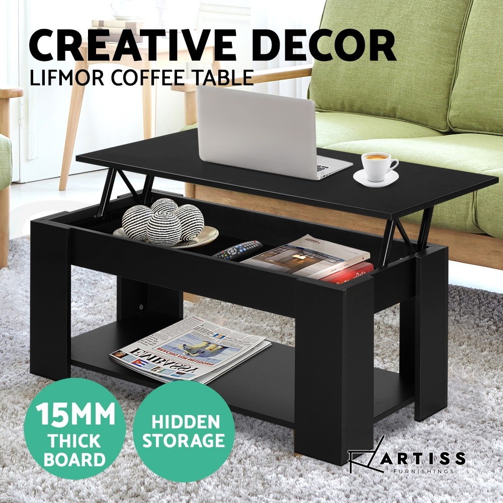Artiss Lift-Up Coffee Table Hidden Storage Shelf Black 98 cm Particle Board