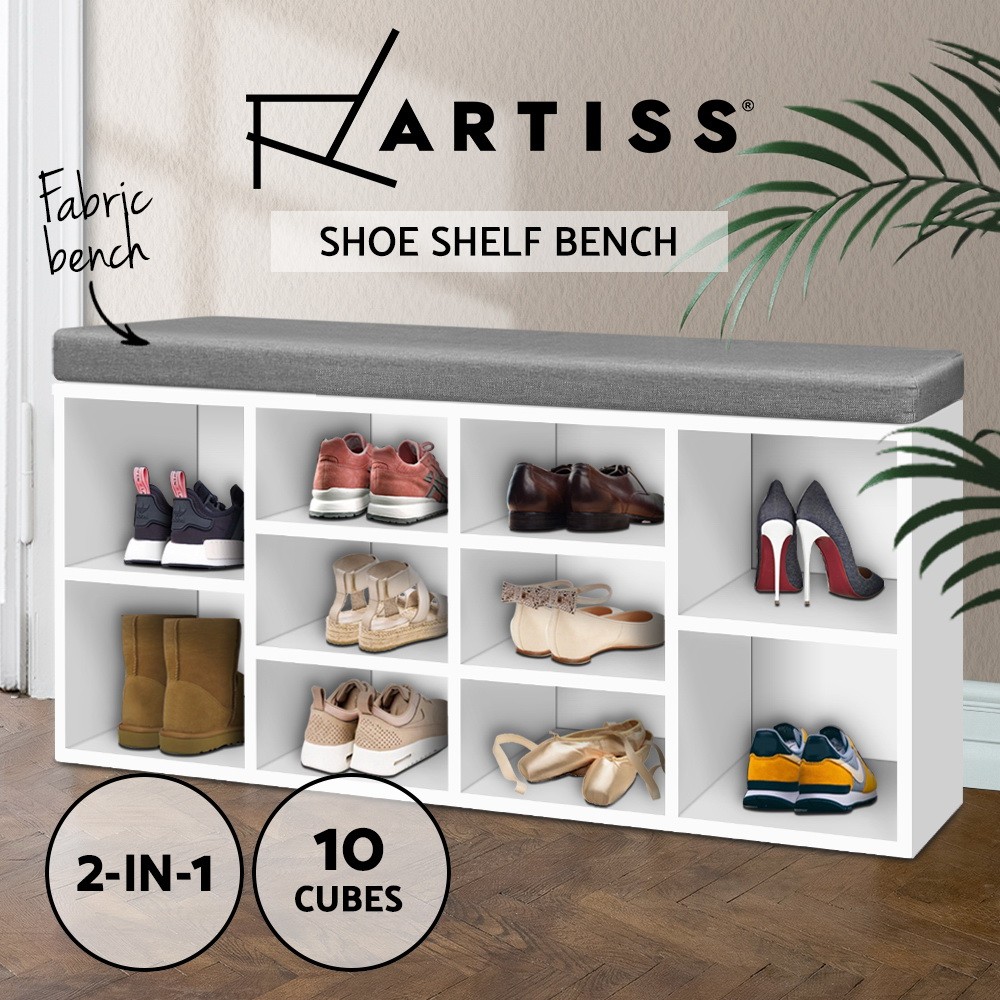 Artiss Shoe Bench Cabinet 10 Compartments Cushioned Fabric Seat White Grey 102cm