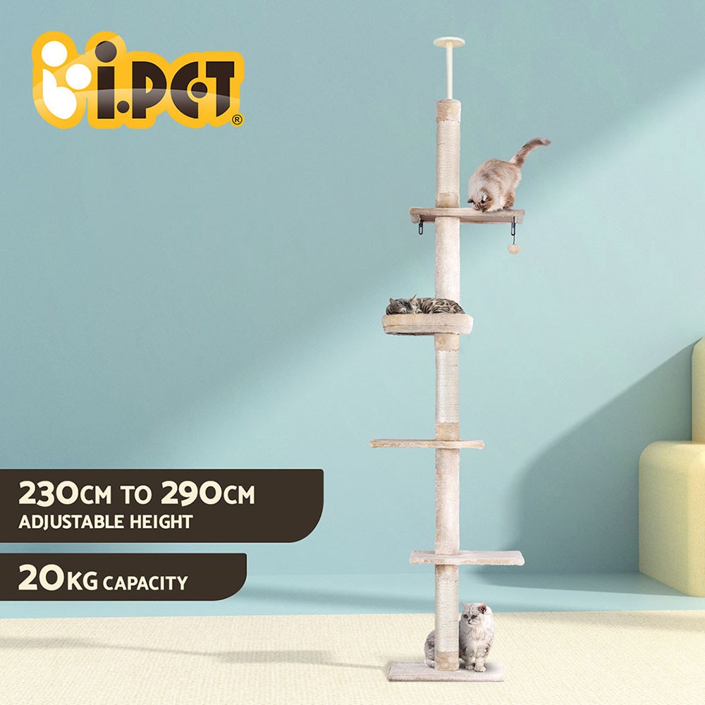 i.Pet Cat Tree Floor-to-ceiling Tower 290cm Plush Scratching Post Bed Beige