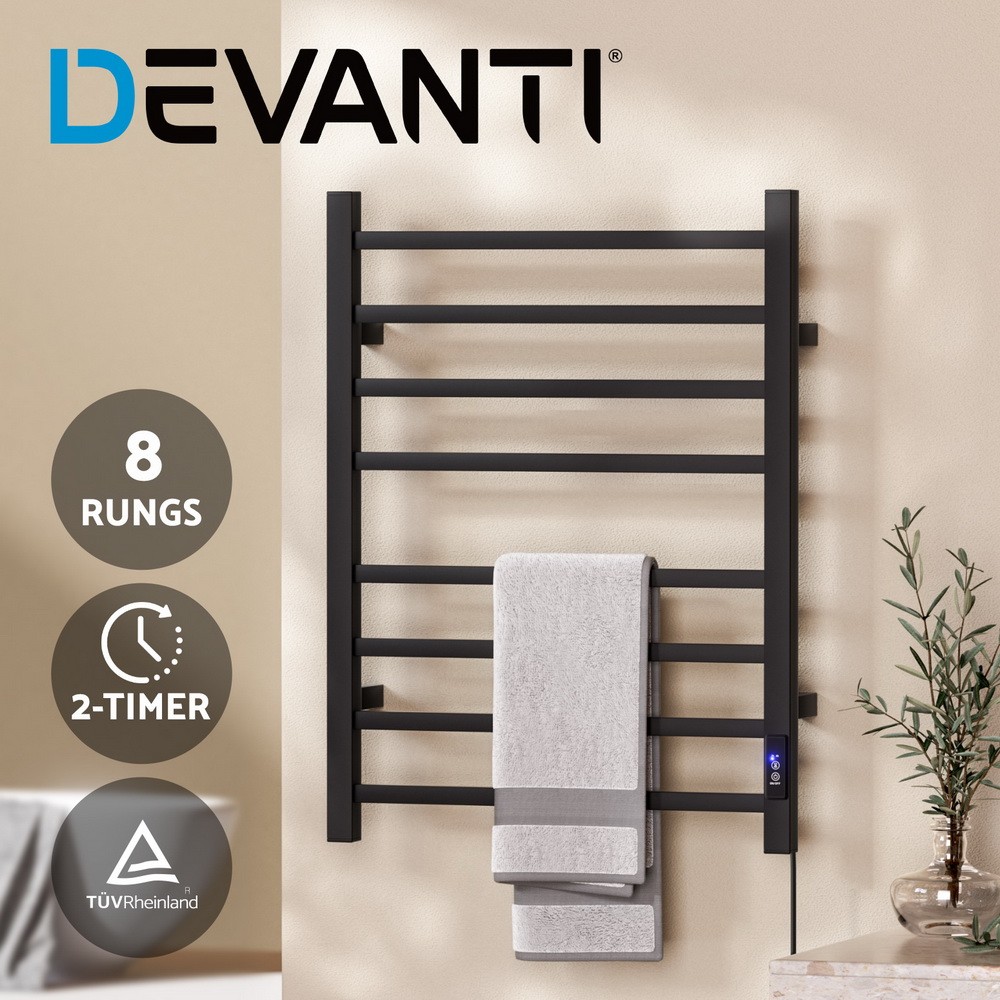Devanti Heated Towel Rail Rack 8 Square Bars Black 105W IPX4 Timer Wall-Mounting