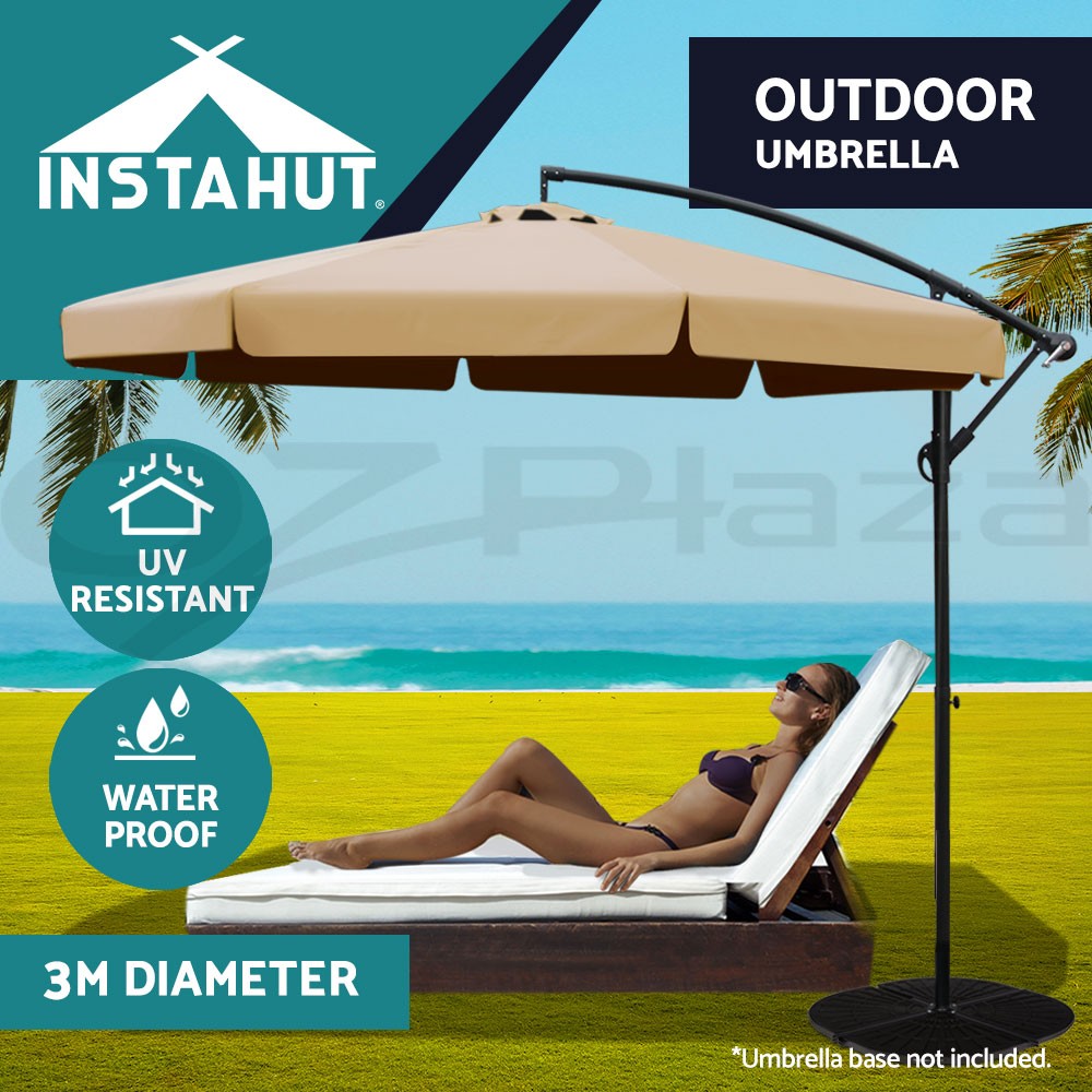 Instahut Outdoor Cantilever Garden Umbrella 3m Beige UV50 Polyester Patio Shade