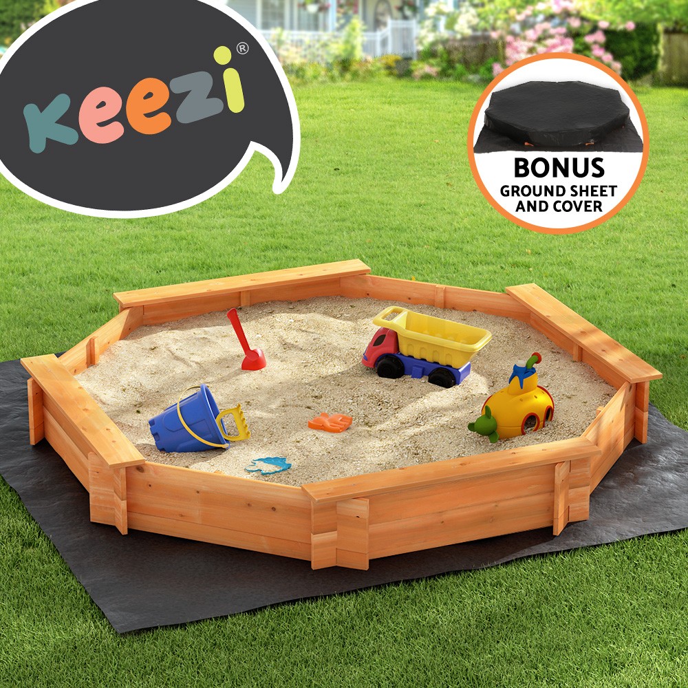 Keezi Wooden Octagon Sandpit Outdoor 182x182x23cm Nylon Ground Cover Natural