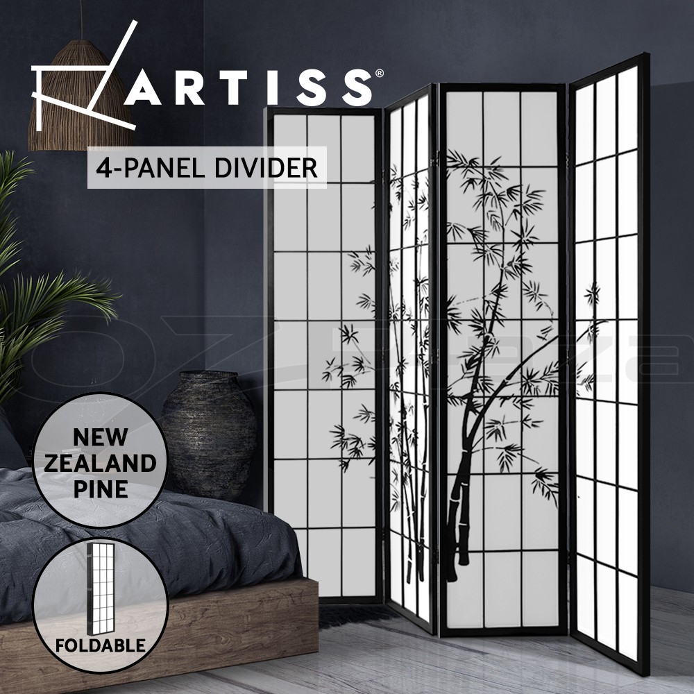Artiss 4 Panel Room Divider Screen Foldable Bamboo Black 174cm 178.5cm Pine