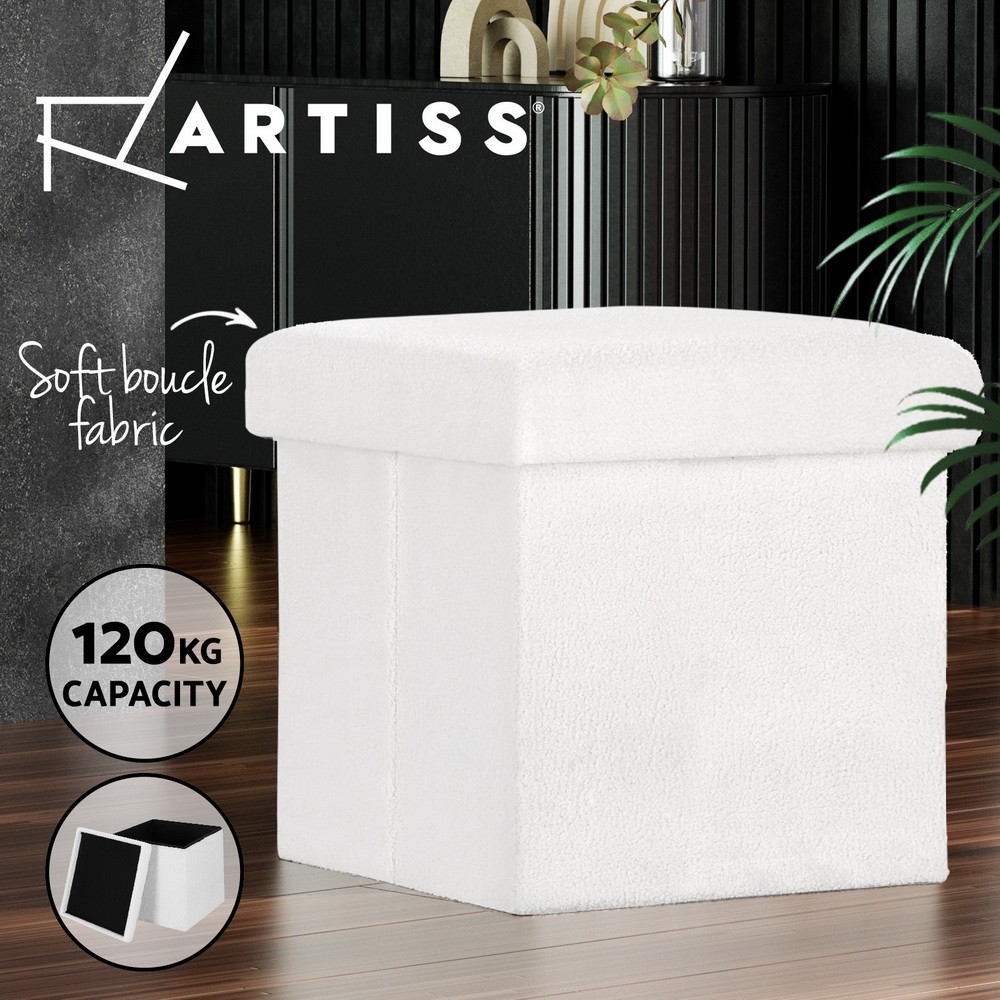 Artiss Janeska Ottoman Footstool Hidden Storage Boucle Padded White 40.5cm 40cm