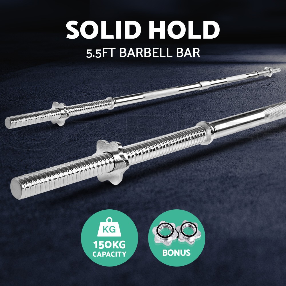 Everfit Standard Barbell Bar 168cm Chrome Steel 150KG Silver 30mm Spring Collar
