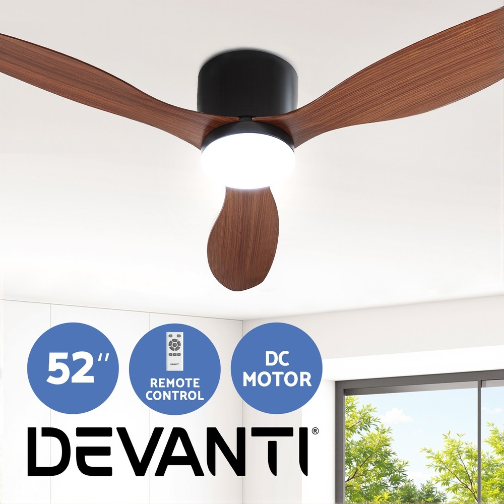 Devanti 52Inch Ceiling Fan DC Motor w/Light w/Remote-Dark Wood Built-in LED