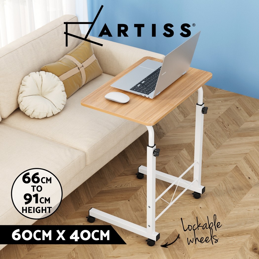 Artiss Laptop Desk Height Adjustable Table 60CM Light Wood Stand Caster Wheels