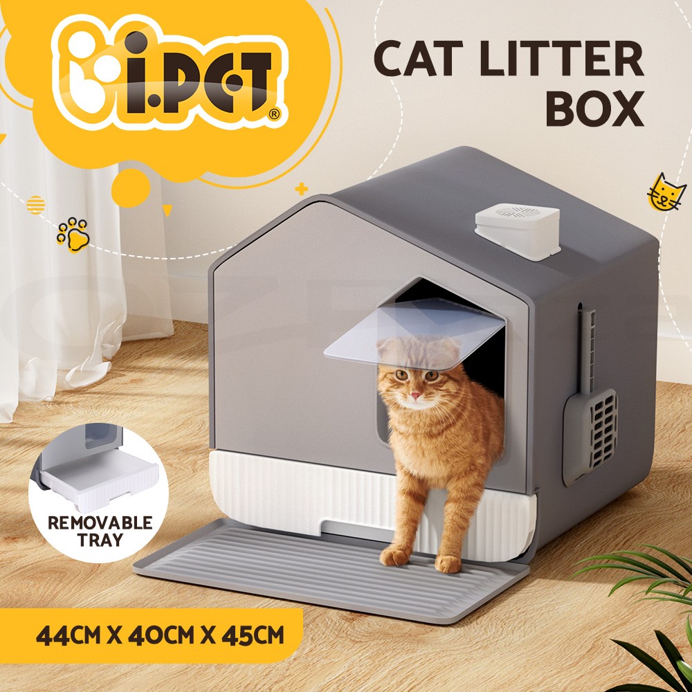 i.Pet Cat Litter Box Large Fully Enclosed Hooded Tray Grey Plastic Scoop Mat