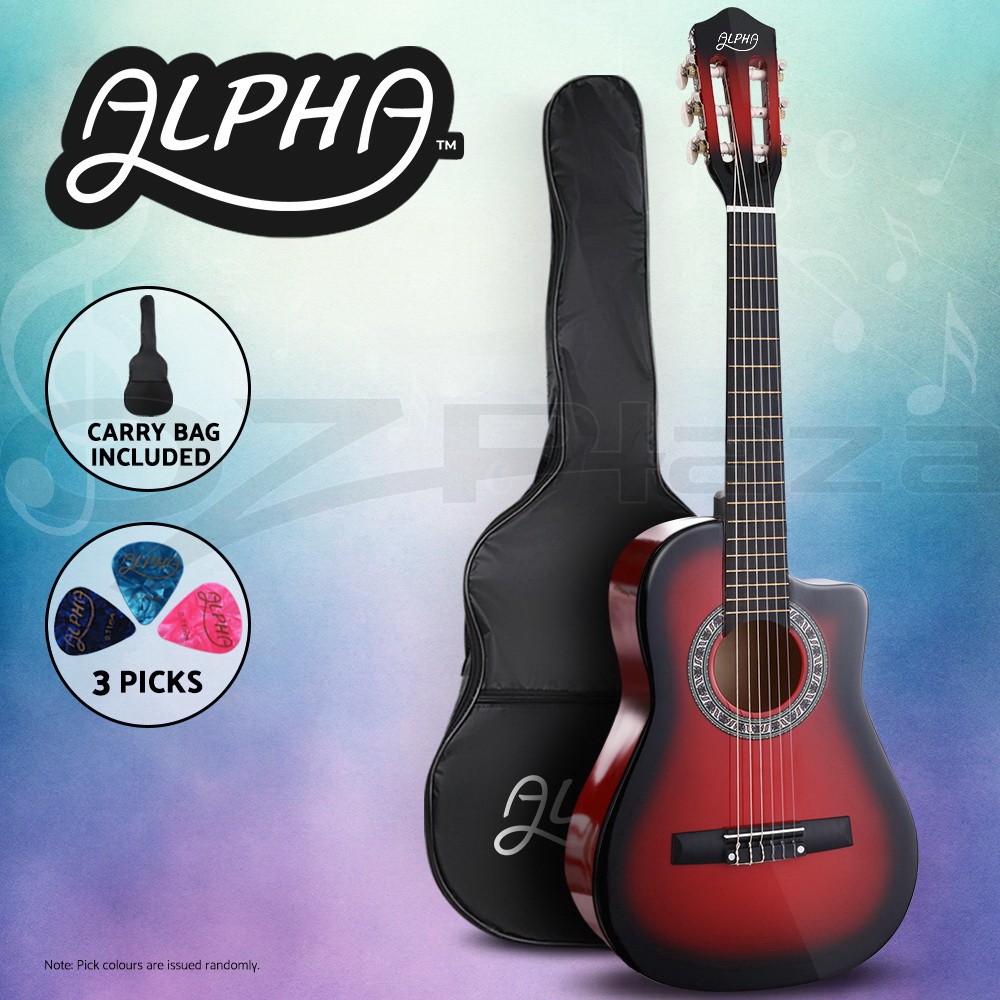Alpha 34 Inch Classical Acoustic Guitar Cutaway 1/2 Size Red Gig Picks 6 String