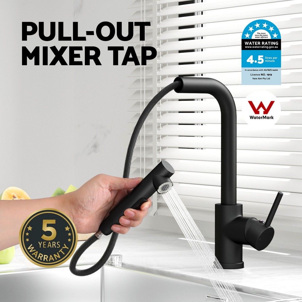 Cefito Pull Out Kitchen Mixer Tap 2 Mode WELS Black Stainless Steel 6 star Brass