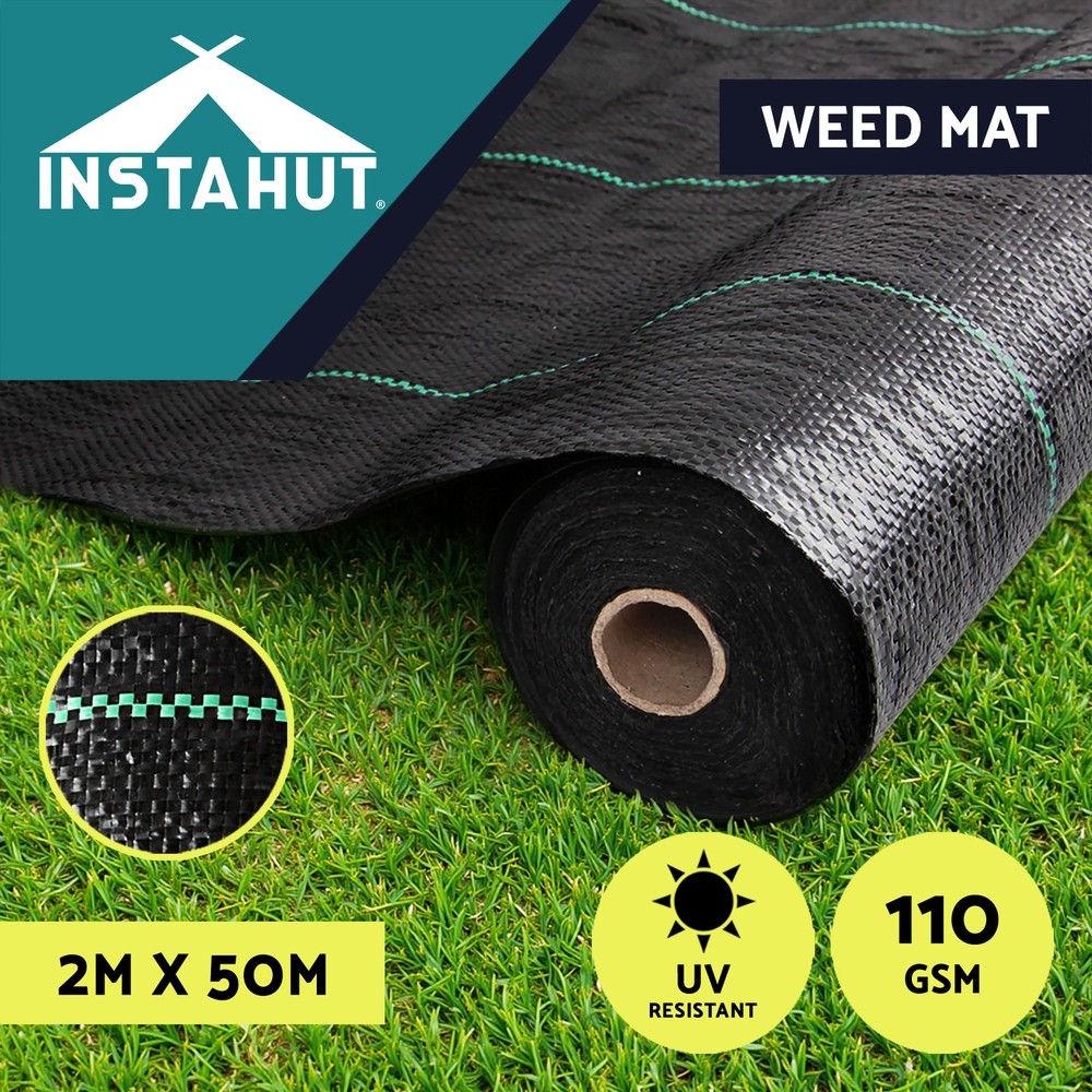 Instahut Weed Control Mat 2x50m 110GSM UV Resistant Black Heavy duty Porous