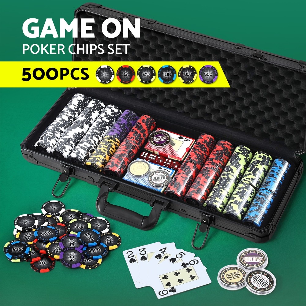 500PC 14g Heavyweight Poker Chip Set Texas Holdem Aluminium Case Dice Cards