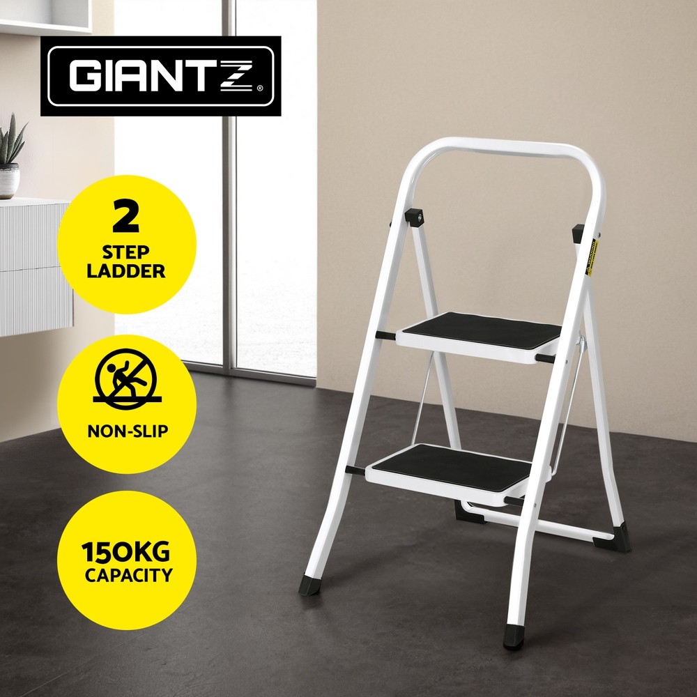 Giantz 2 Folding Steel Ladder 150kg Non-Slip Tread Safety Handle Black White