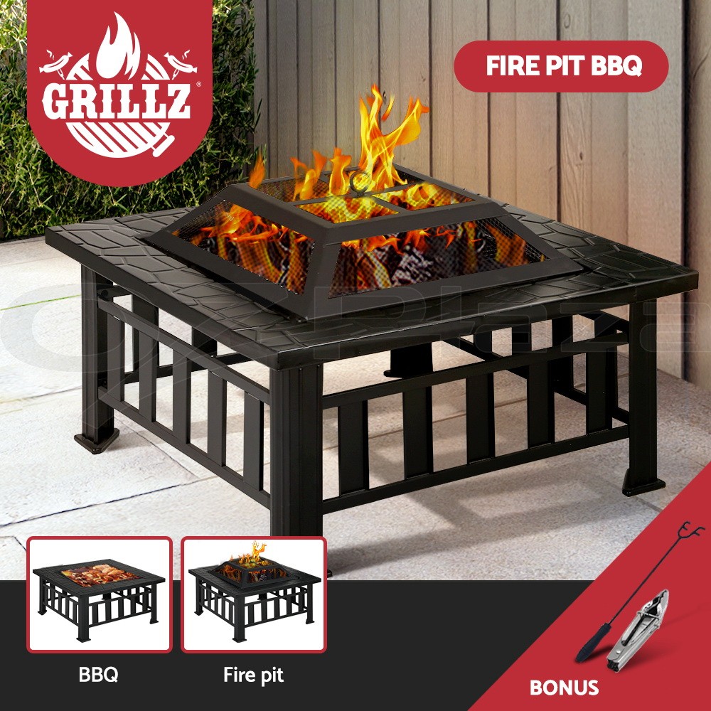 Grillz 2-in-1 Fire Pit BBQ Grill Table Wood Burning Outdoor Garden Steel Black