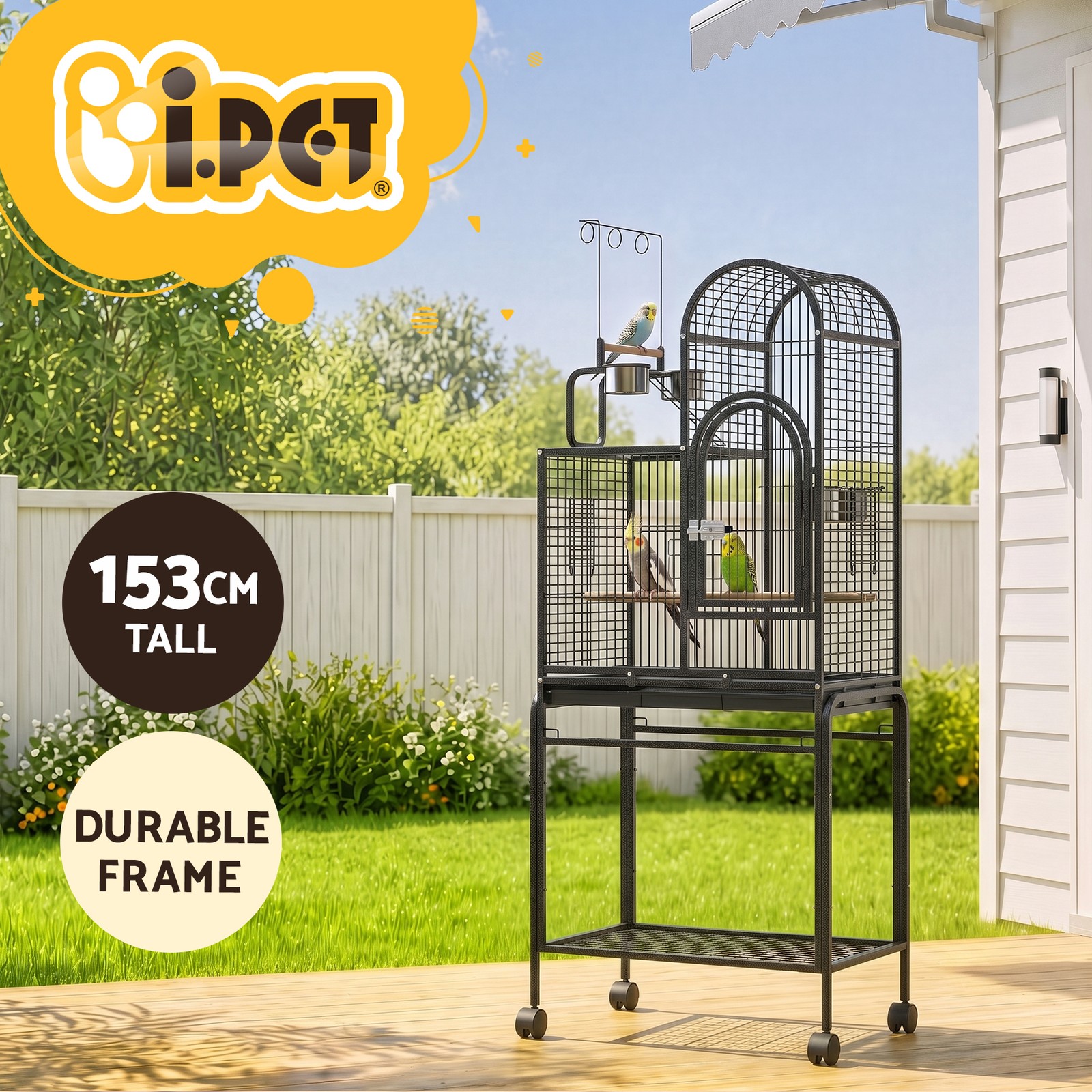 i.Pet Bird Aviary 153cm Black Wrought Iron Wheels Slide-out Tray Perches Stand