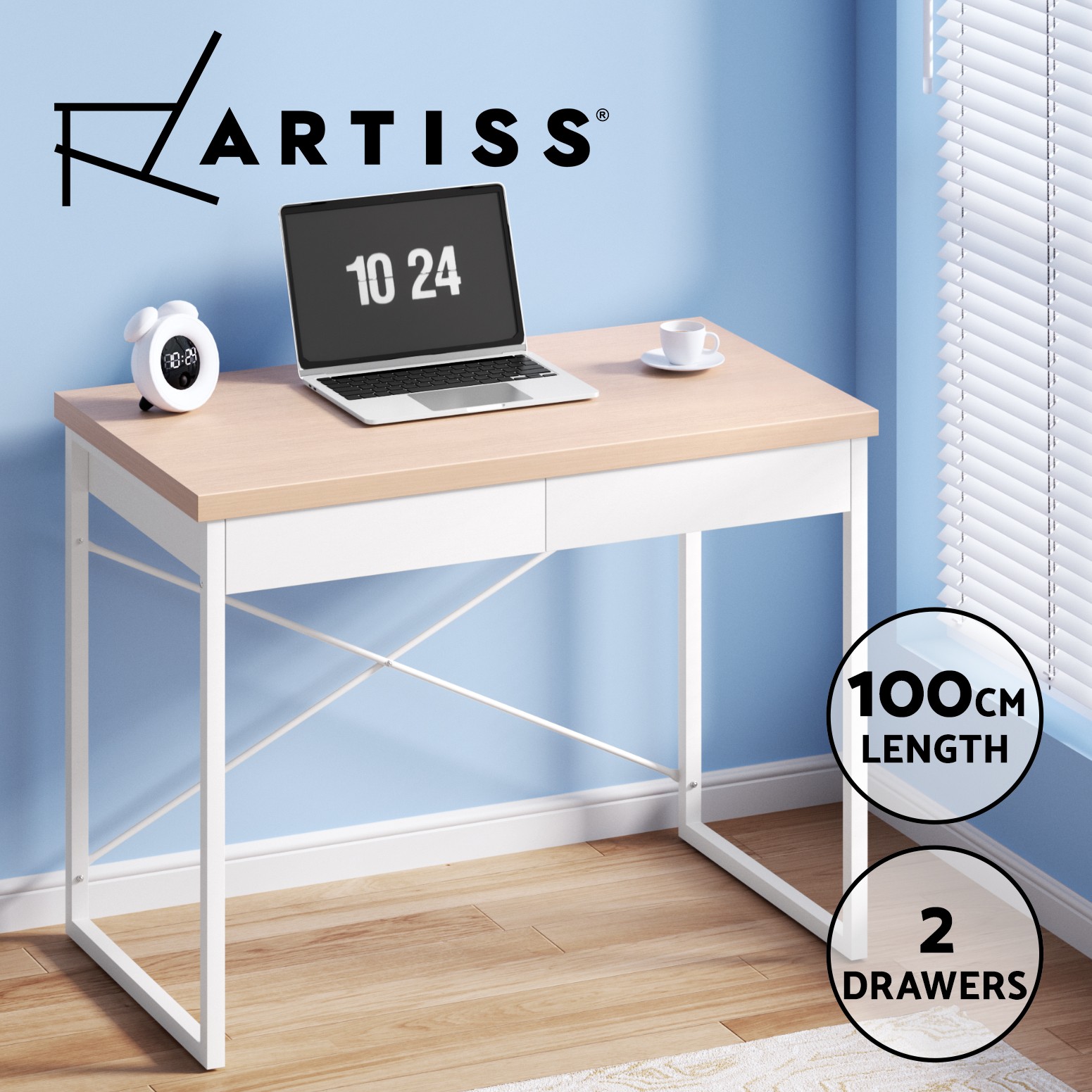 Artiss Karl Computer Desk 2 Drawers Oak/White Home Office 100cm 54cm 75cm Steel