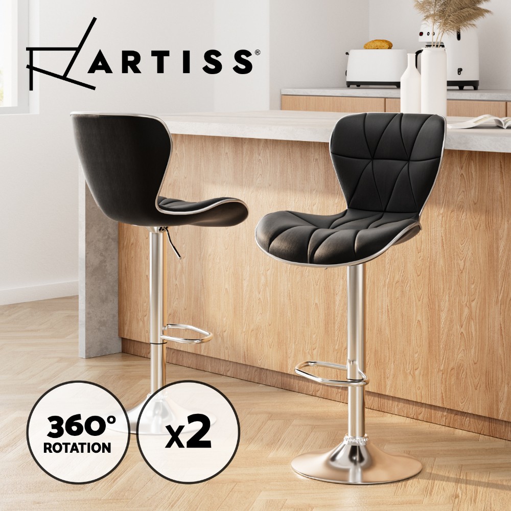 Artiss 2x Bar Stools Kitchen Counter Gas Lift Swivel PU Leather Black Chrome