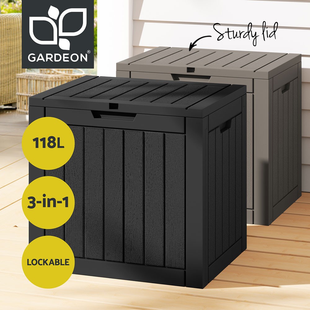 Gardeon Outdoor Storage Box 118L Black/Grey Lockable Indoor Garden Tool 3-in-1