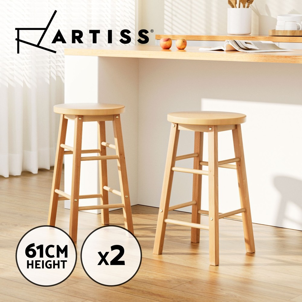 Artiss 2x Marley Bar Stools Beech Wood Kitchen Counter Natural 61cm 130kg Round