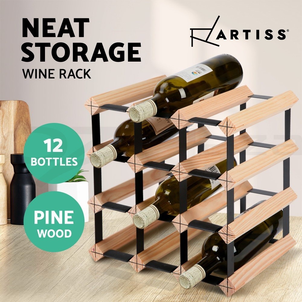 Artiss 12 Bottles Timber Wine Rack Pine Wood Steel Storage Cellar Heavy Duty Bar