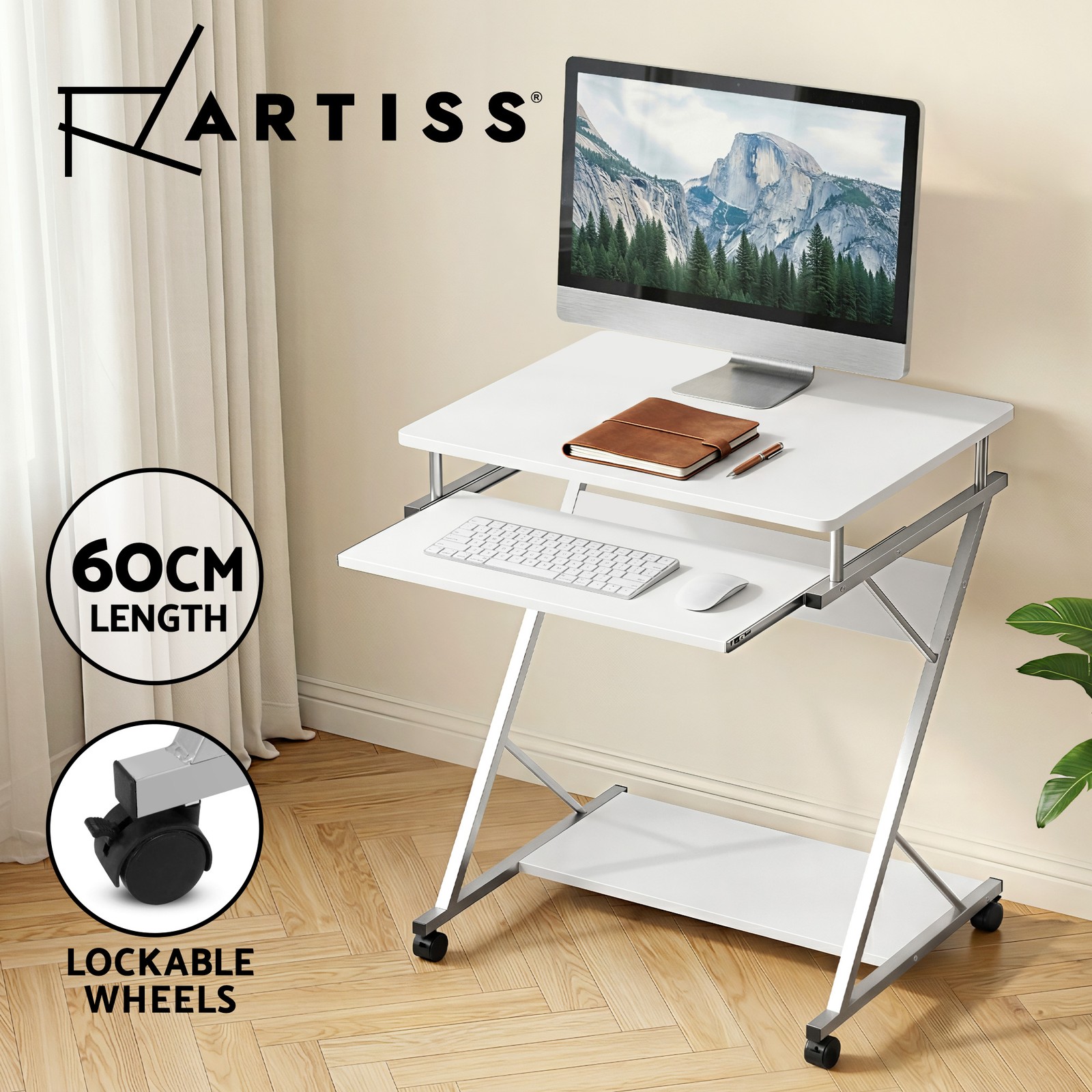 Artiss Optima Computer Sliding Keyboard Shelf Wheels White 60CM Particle Board