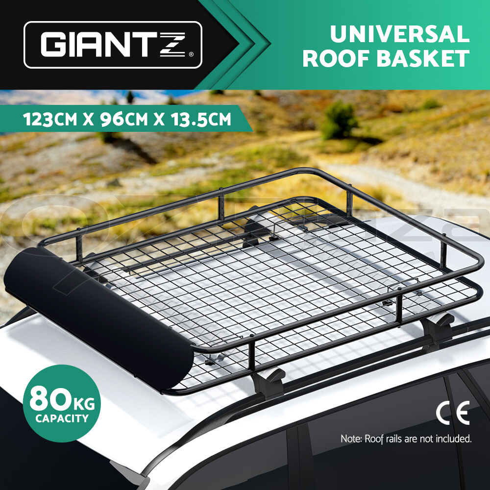 Giantz Universal Roof Basket 123cm Steel Cargo Black 80kg Raised Rails Deflector