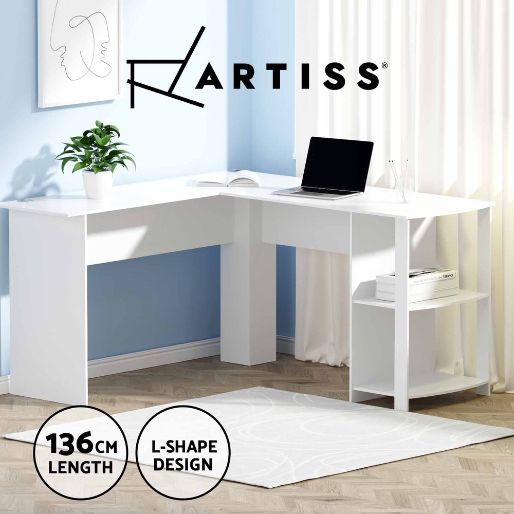 Artiss Ronald L-Shaped Computer Desk 136cm White 2-tier Shelves Cable Management