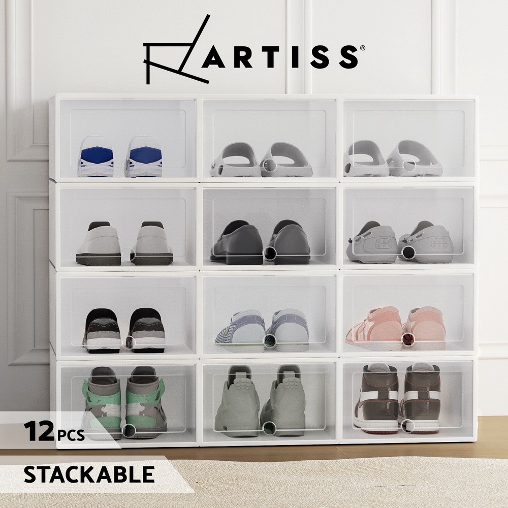 Artiss Abel Shoe Storage Boxes Set 12 Stackable Plastic 33x23x14cm White 5kg