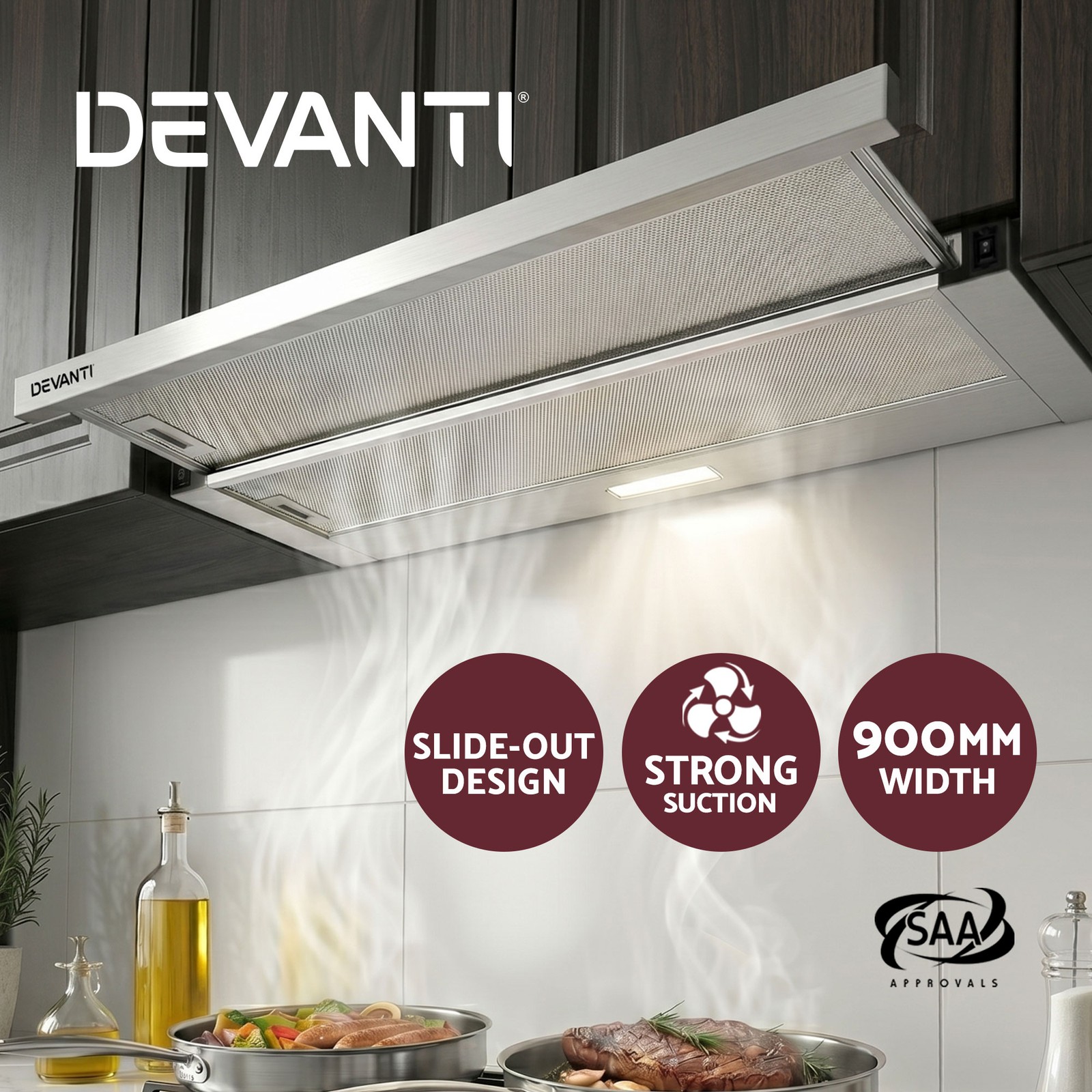 Devanti 900mm Slide-out Range Hood Stainless Steel 160m3/h LED 2-speed Silver