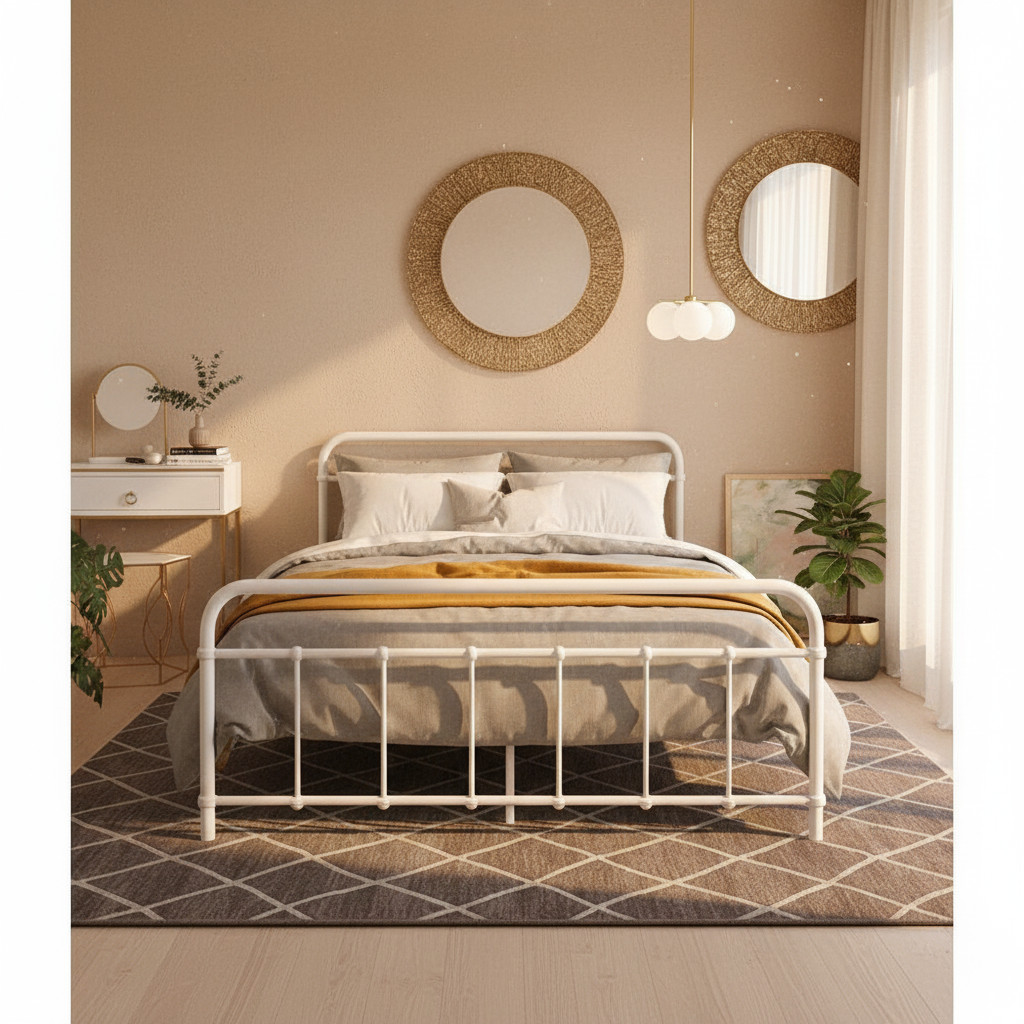 Artiss Leo Bed Frame Double White Metal Platform Base Powder-coated Steel 300kg