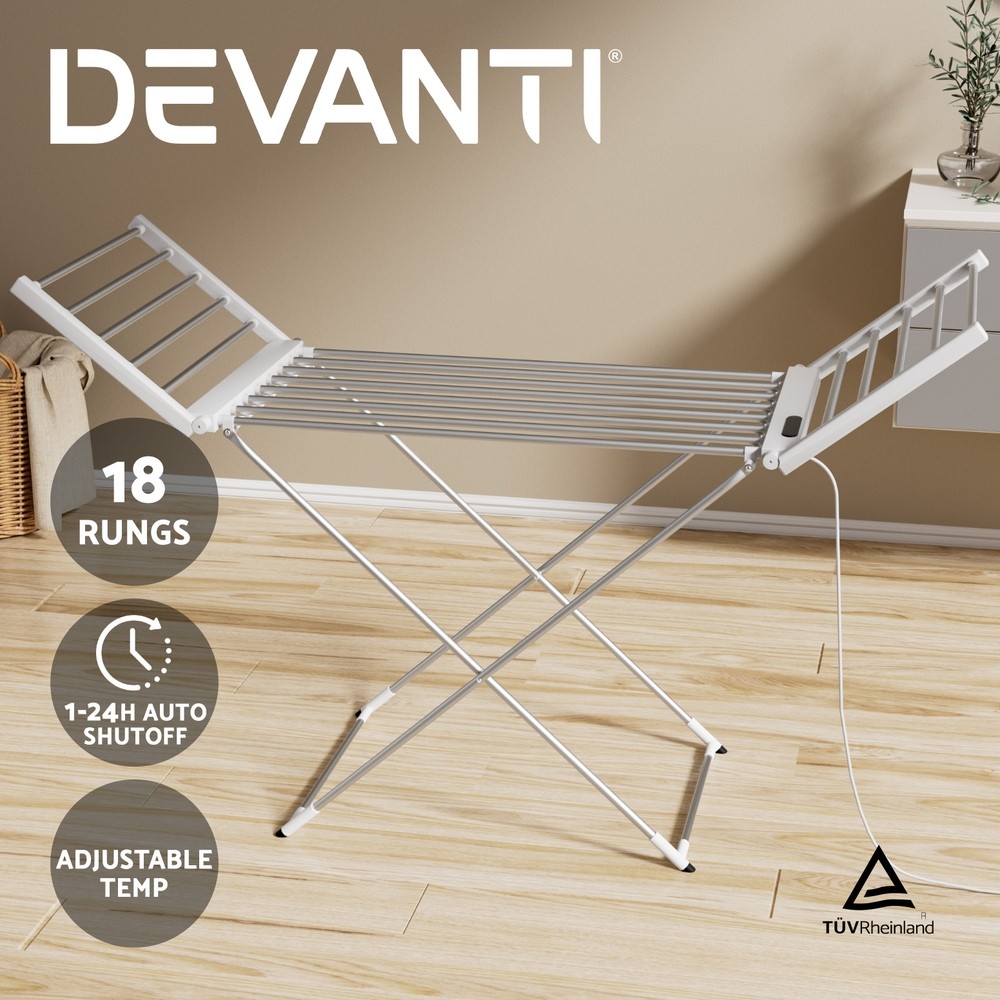 Devanti Electric Heated Towel Rail Foldable 18 Heated Rods 24H Timer Silver
