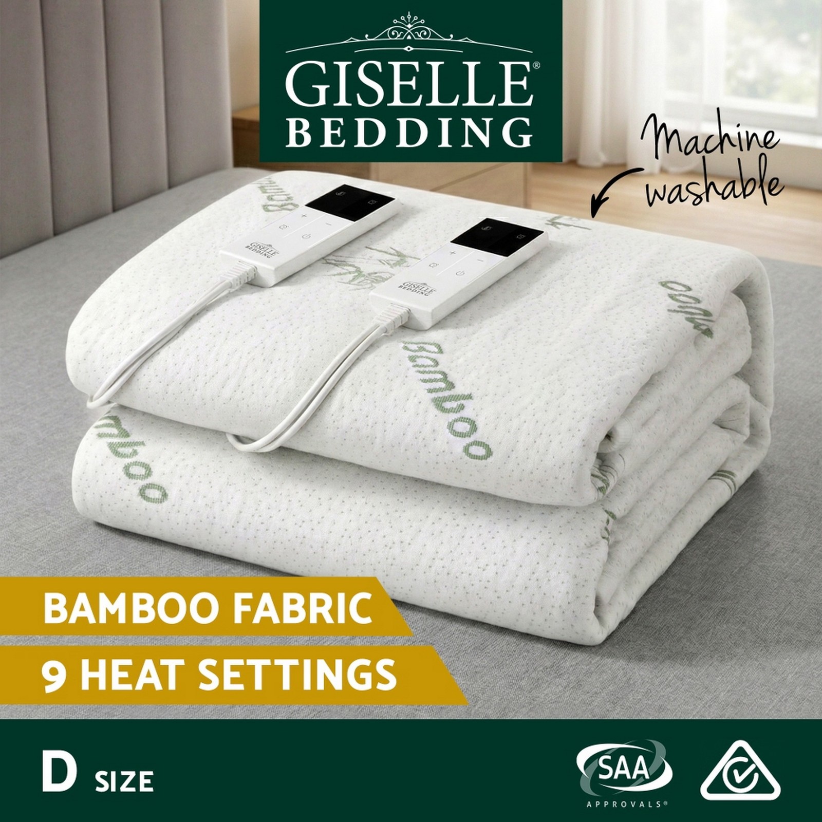 Giselle Bedding Electric Blanket Bamboo Fabric Fitted Double 9 Heat Levels Timer