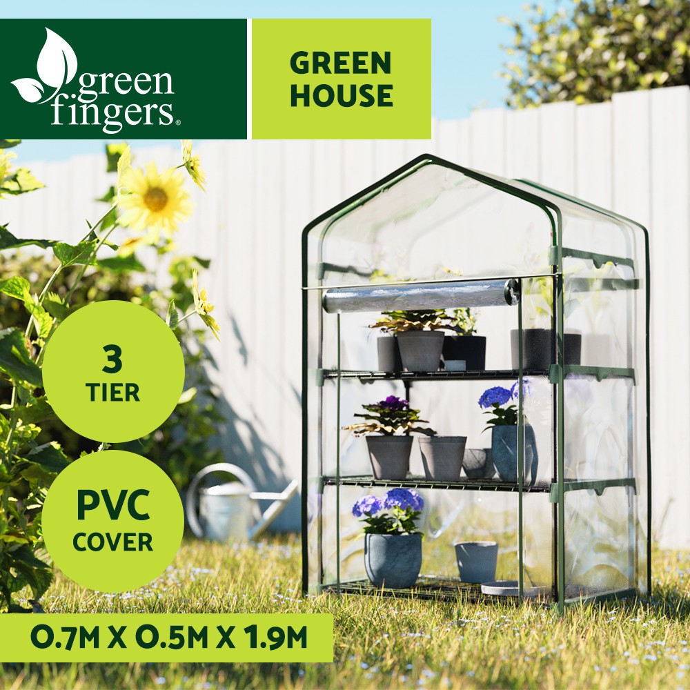 Green Fingers Mini Greenhouse 3 Tiers Plant Shelves PVC Cover Size 69 49 128cm