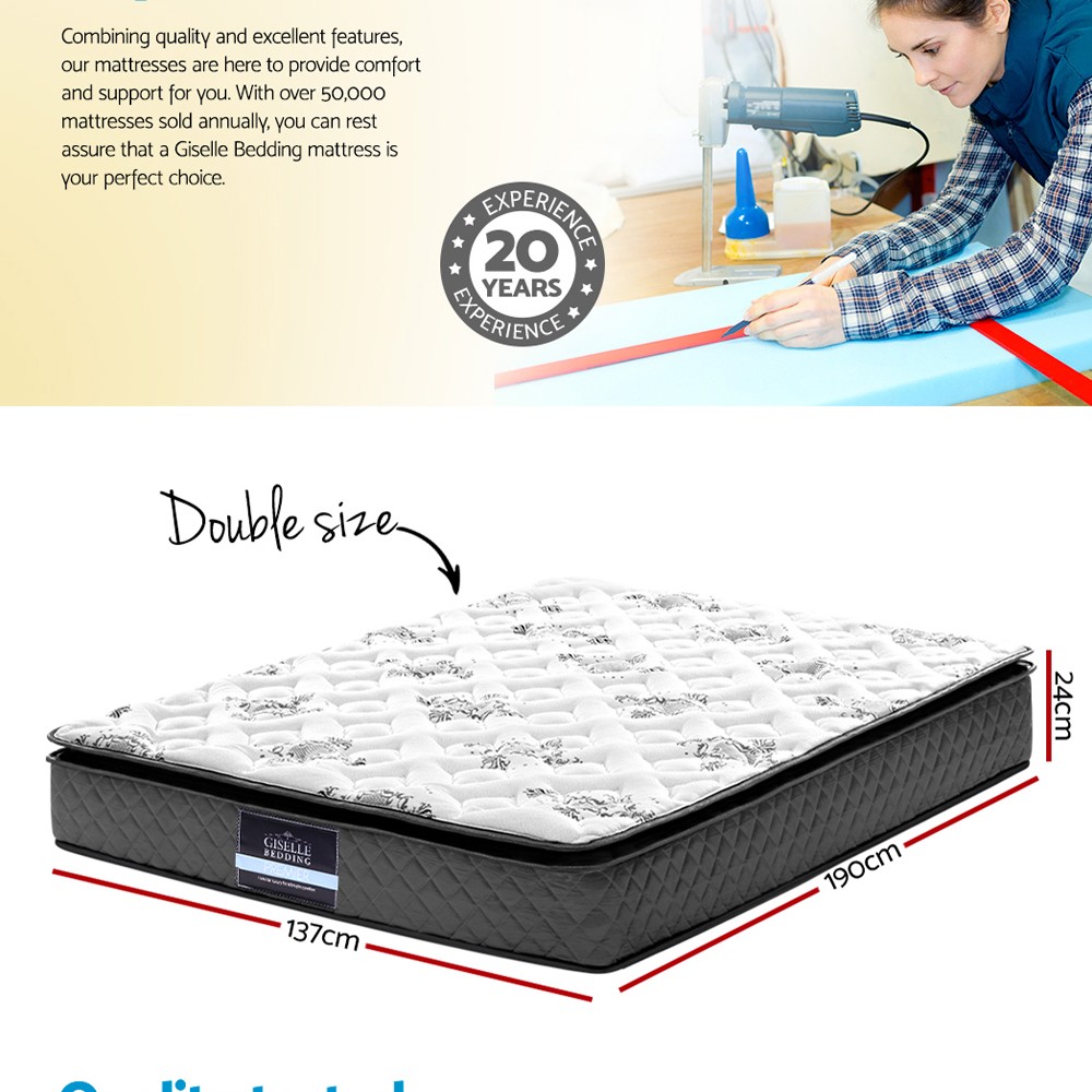 Giselle Bedding Rocco Pillow Top Mattress Double 24cm Medium Firm Bonnell Spring
