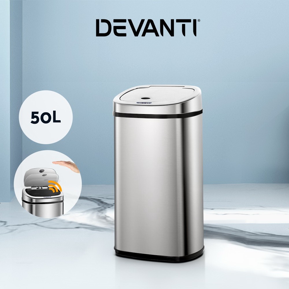 Devanti 50L Motion Sensor Rubbish Bin Stainless Steel Touch-Free Kitchen Silver