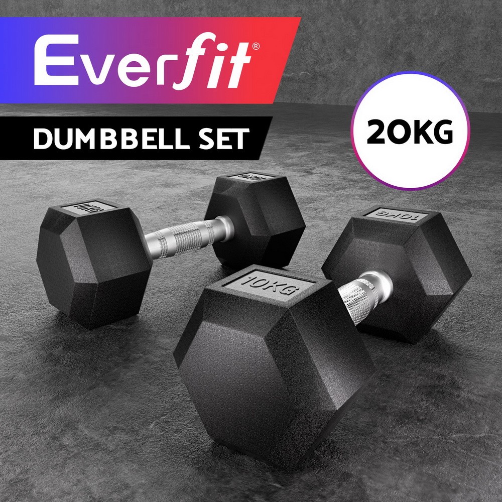 Everfit 20kg Hex Dumbbells Set 2x10kg Cast Iron Rubber Coating Gym Workout Black