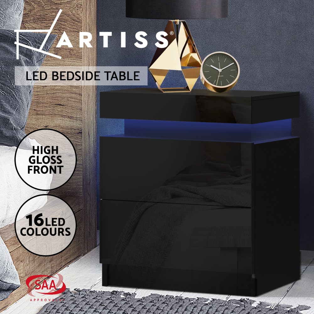 Artiss LED Bedside Table 2 Drawers RGB 16 colours High Gloss Black 45cm 35cm