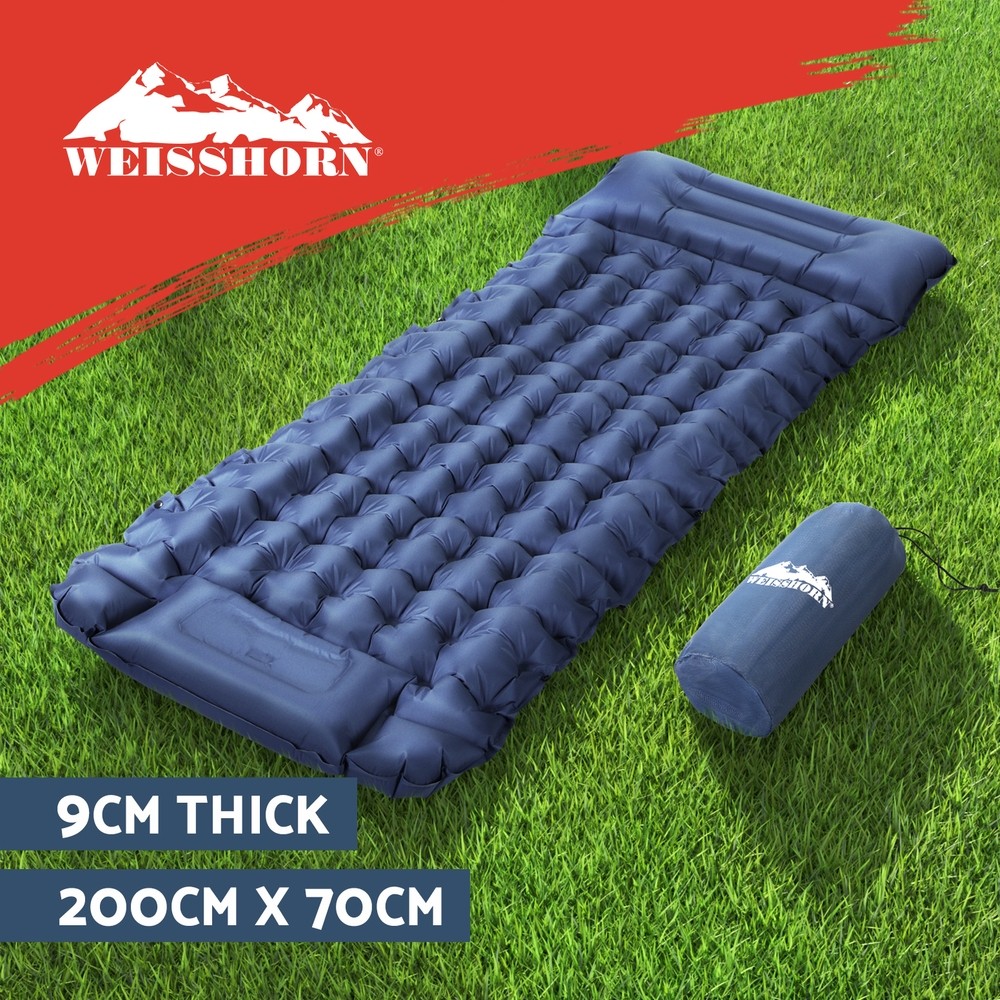 Weisshorn Self Inflating Mattress Camping Mat Single Blue 200 x 70 x 9cm Pillow