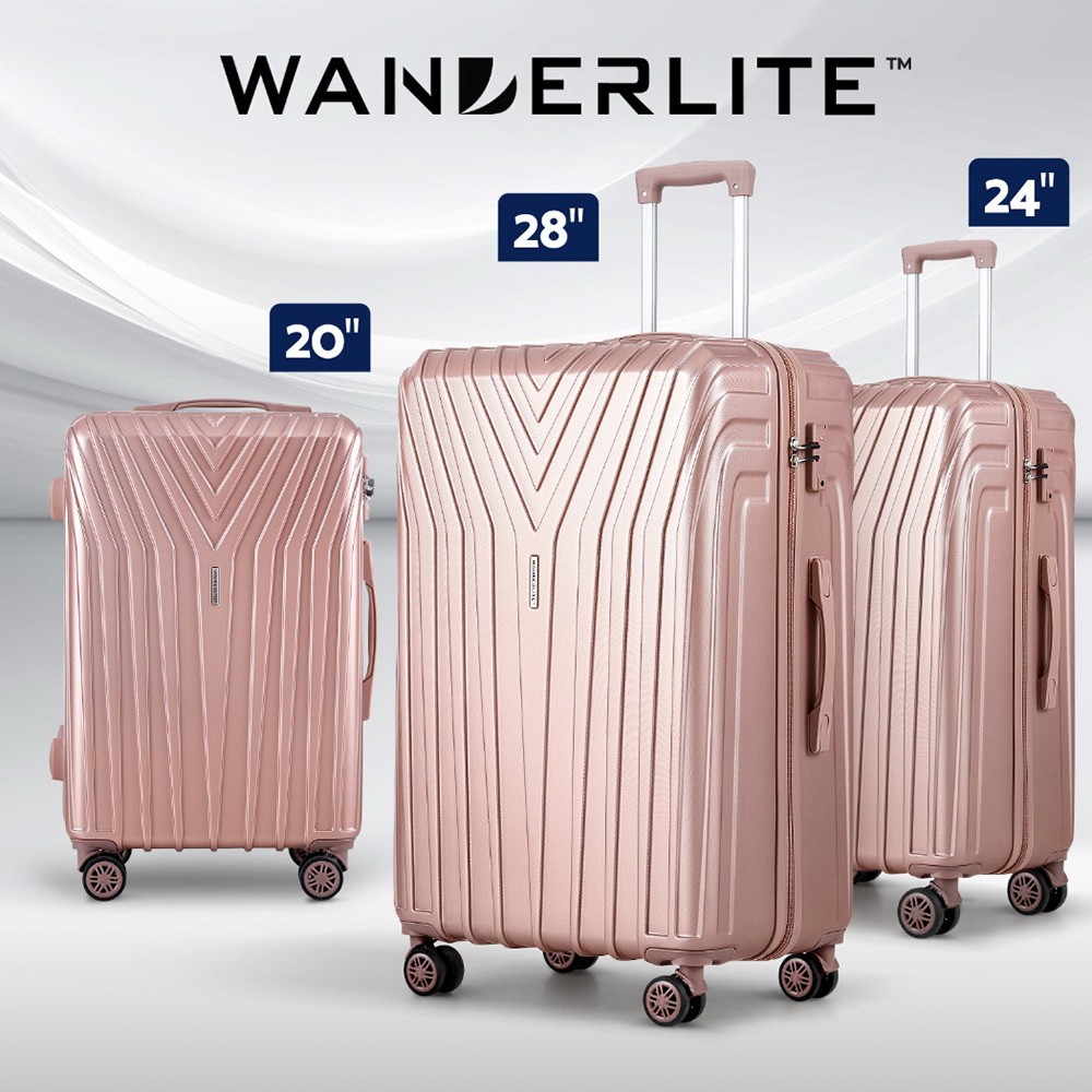 Wanderlite 3pc Luggage Trolley Set ABS Hard Shell TSA Spinner 20 24 28 Pink