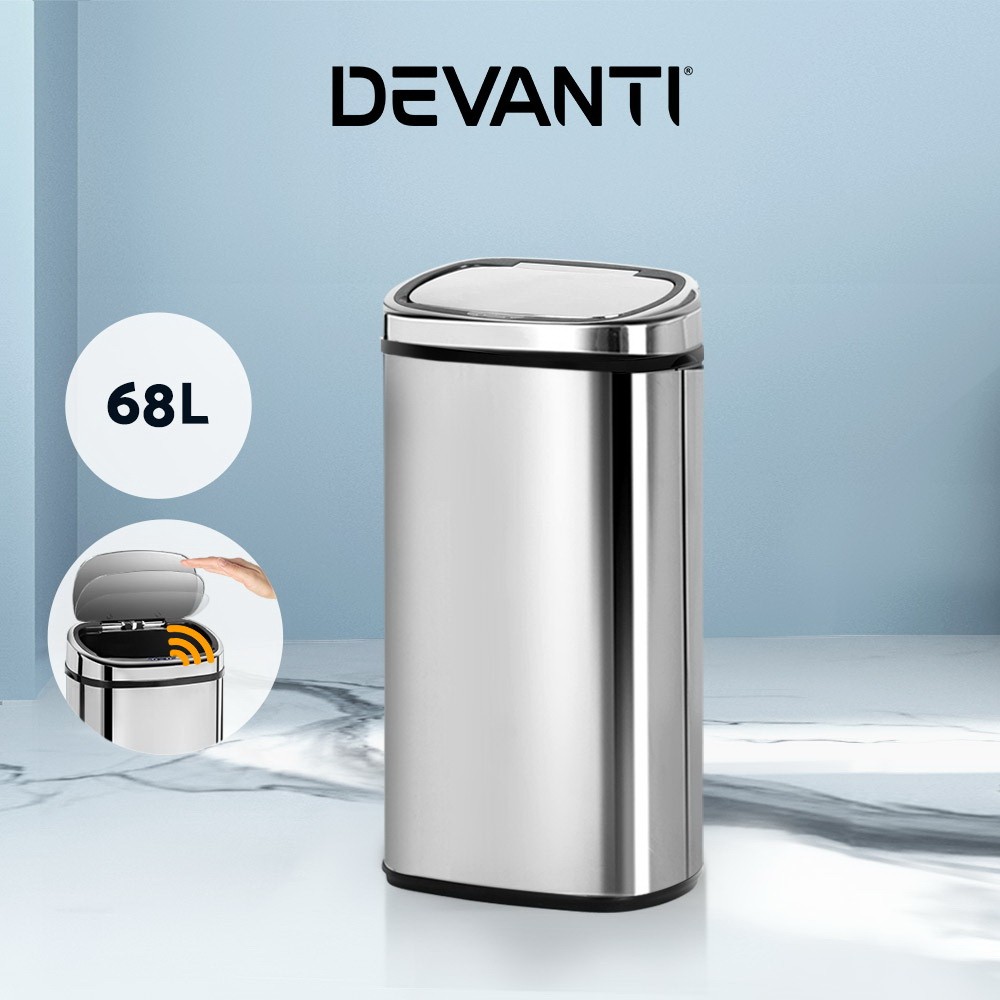 Devanti 68L Large Motion Sensor Bin SB-68L-S06-A Stainless Steel Kitchen Silver