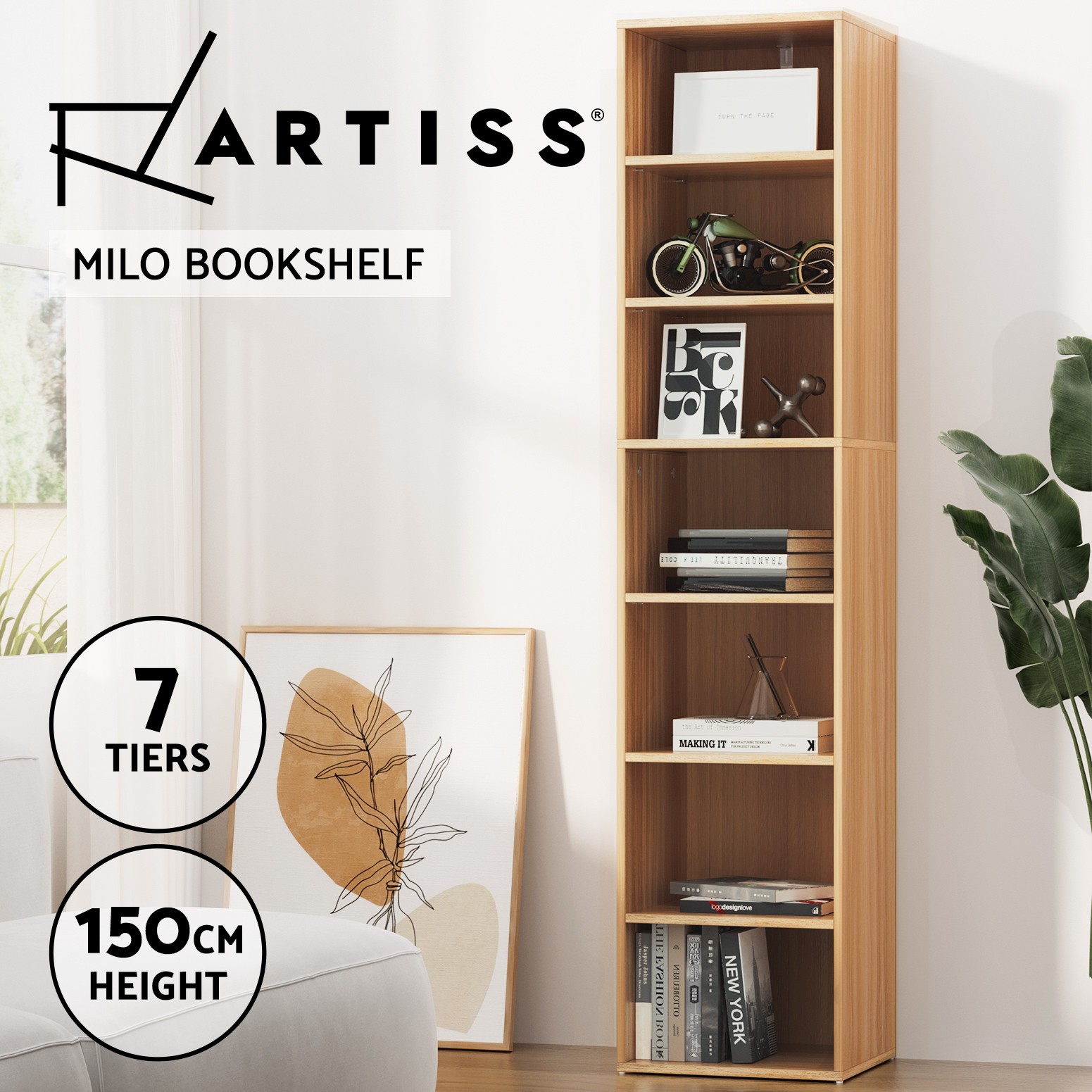 Artiss MILO Bookshelf 7 Tiers Display Bookcase Pine 150 cm Adjustable Shelves