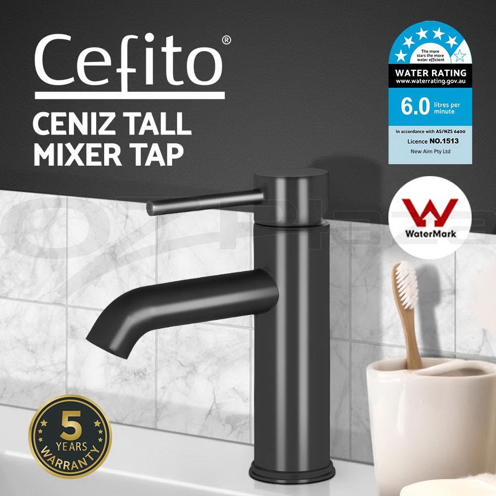 Cefito Ramos Basin Mixer Tap Black 35mm Ceramic WELS Watermark Hot Cold Brass
