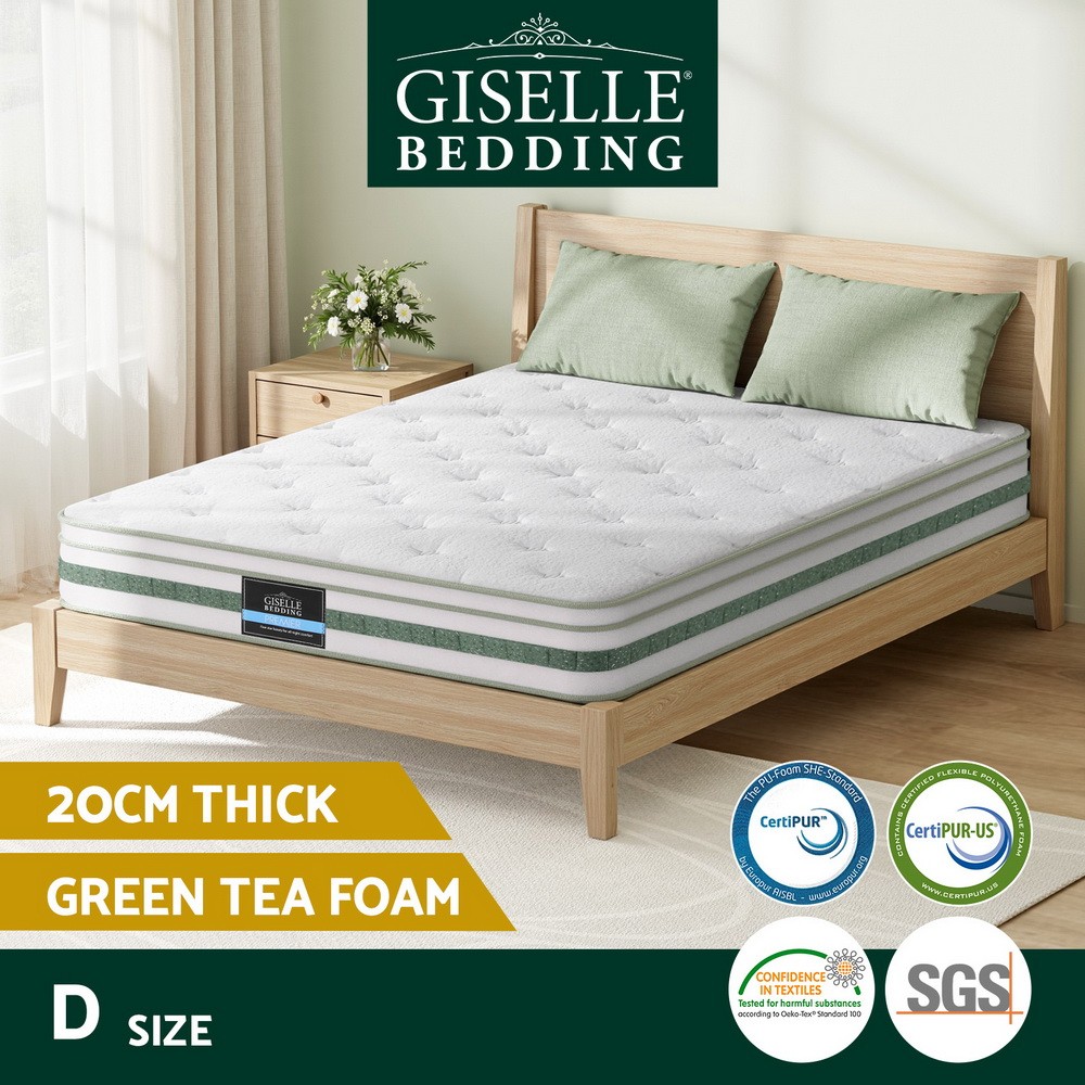 Giselle Bedding Double Mattress 20cm Green Tea Foam Pocket Spring Euro Top Firm