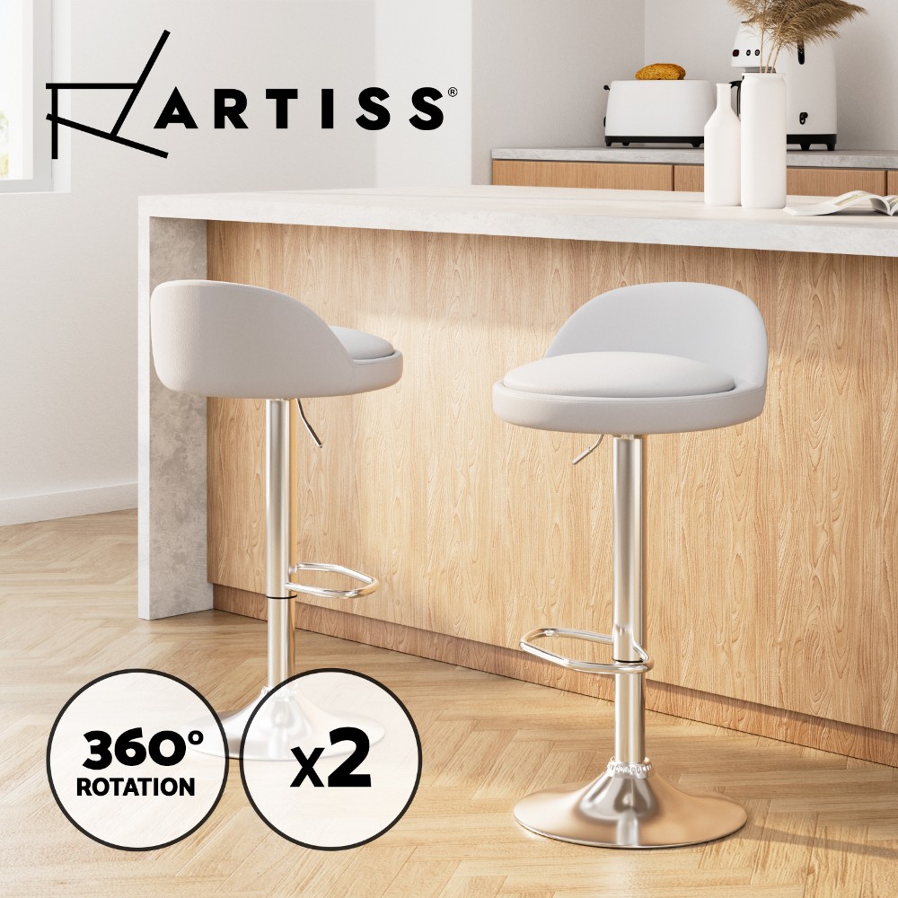 Artiss Nuvo 2x Bar Stools PU Leather White 360-degree Swivel Gas Lift 53cm-74cm