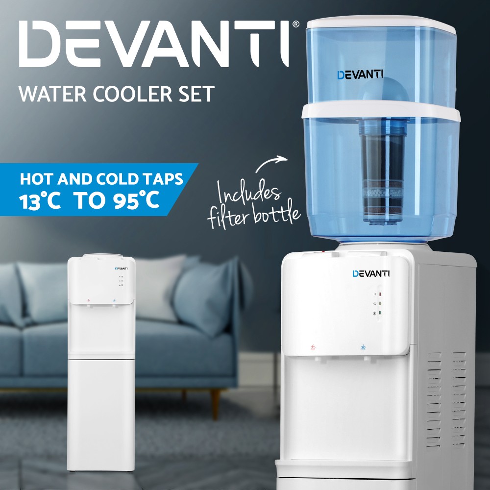 Devanti Water Cooler Dispenser 22L 7-stage Filtration Hot Cold Taps White Stand