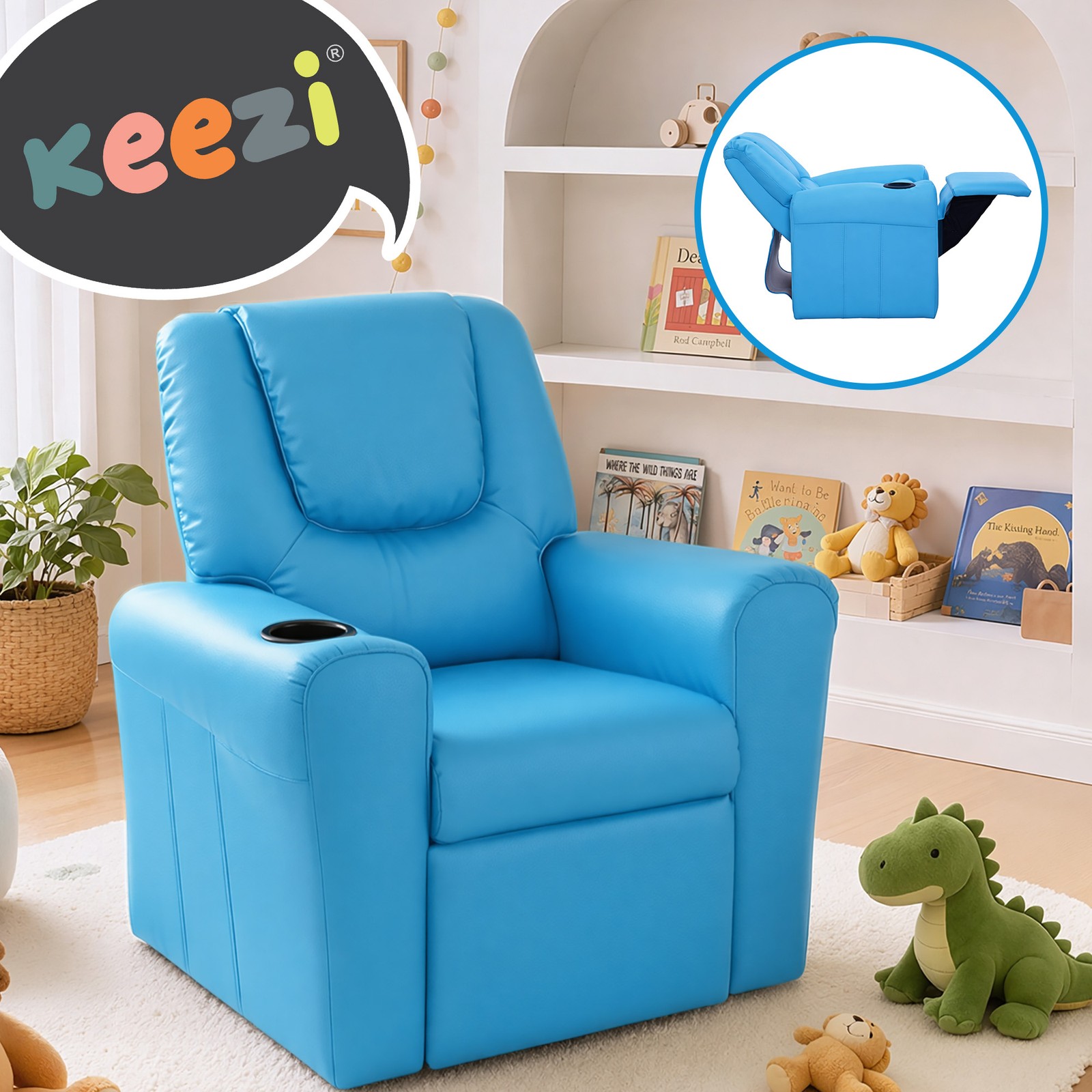 Keezi Kids Recliner Chair PU Leather Blue 65 cm 61 42 cm cup holder Metal Foam