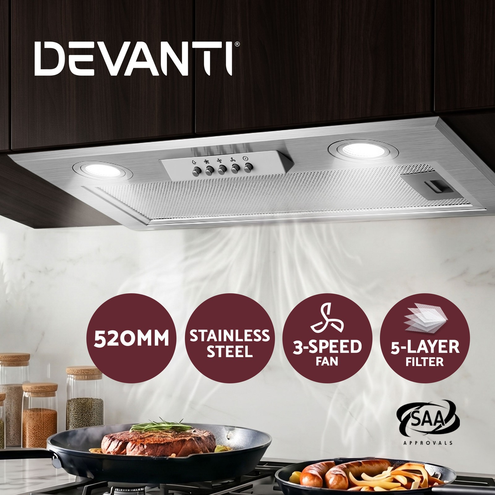 Devanti 520mm Undermount Range Hood Stainless Steel LED Light 3-speed 420m/h