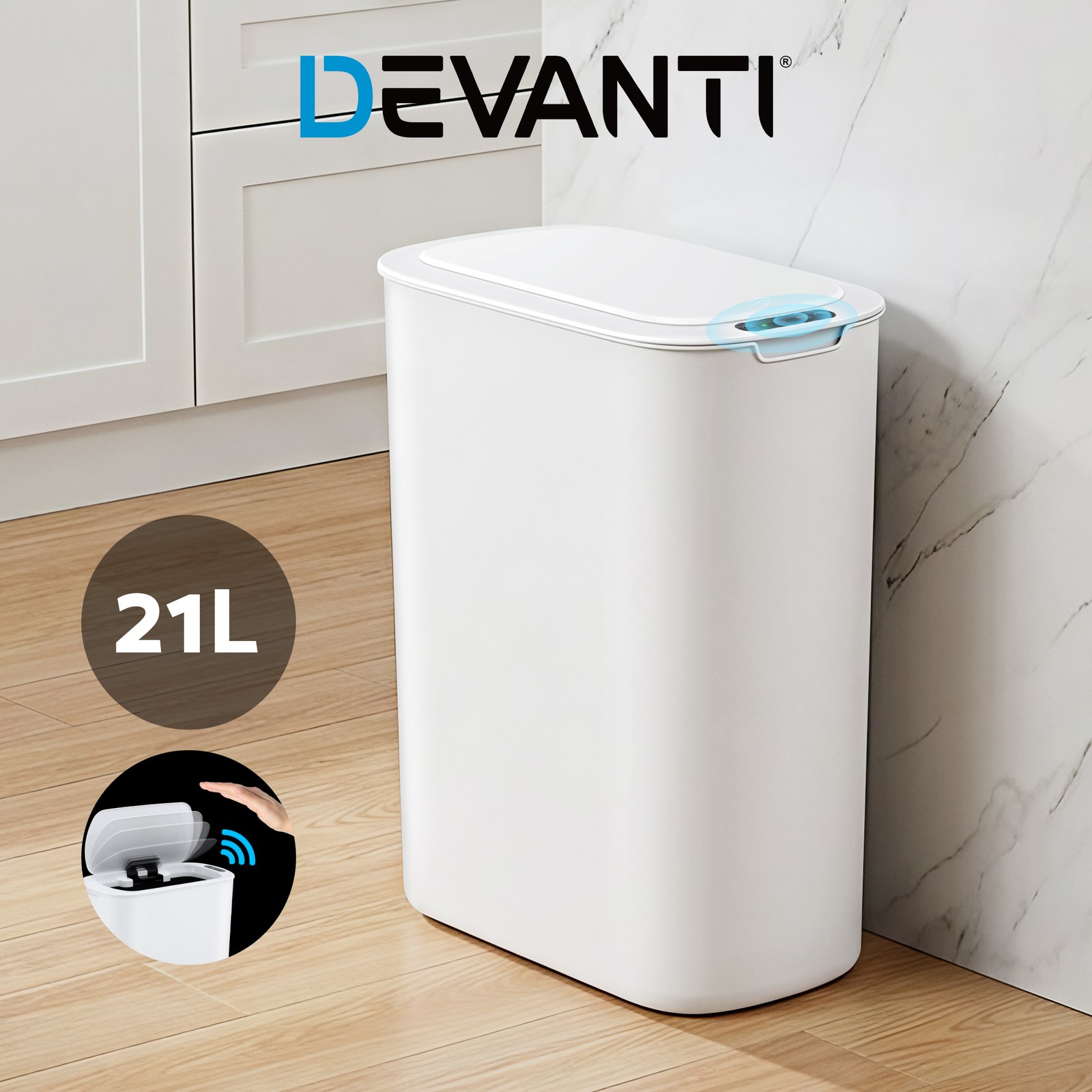 Devanti 21L Motion Sensor Kitchen Bin Slim Touchless White Soft-closing Lid